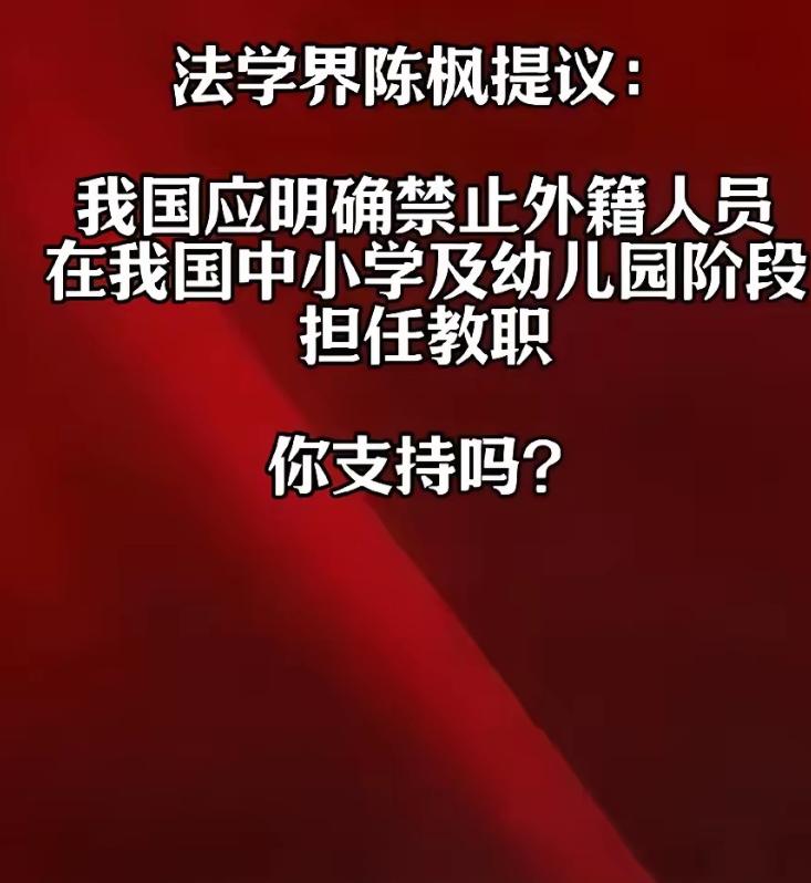 法学界人士陈枫提出，我国应通过立法明确规定，不允许外籍人士在幼儿园、小学及初中阶