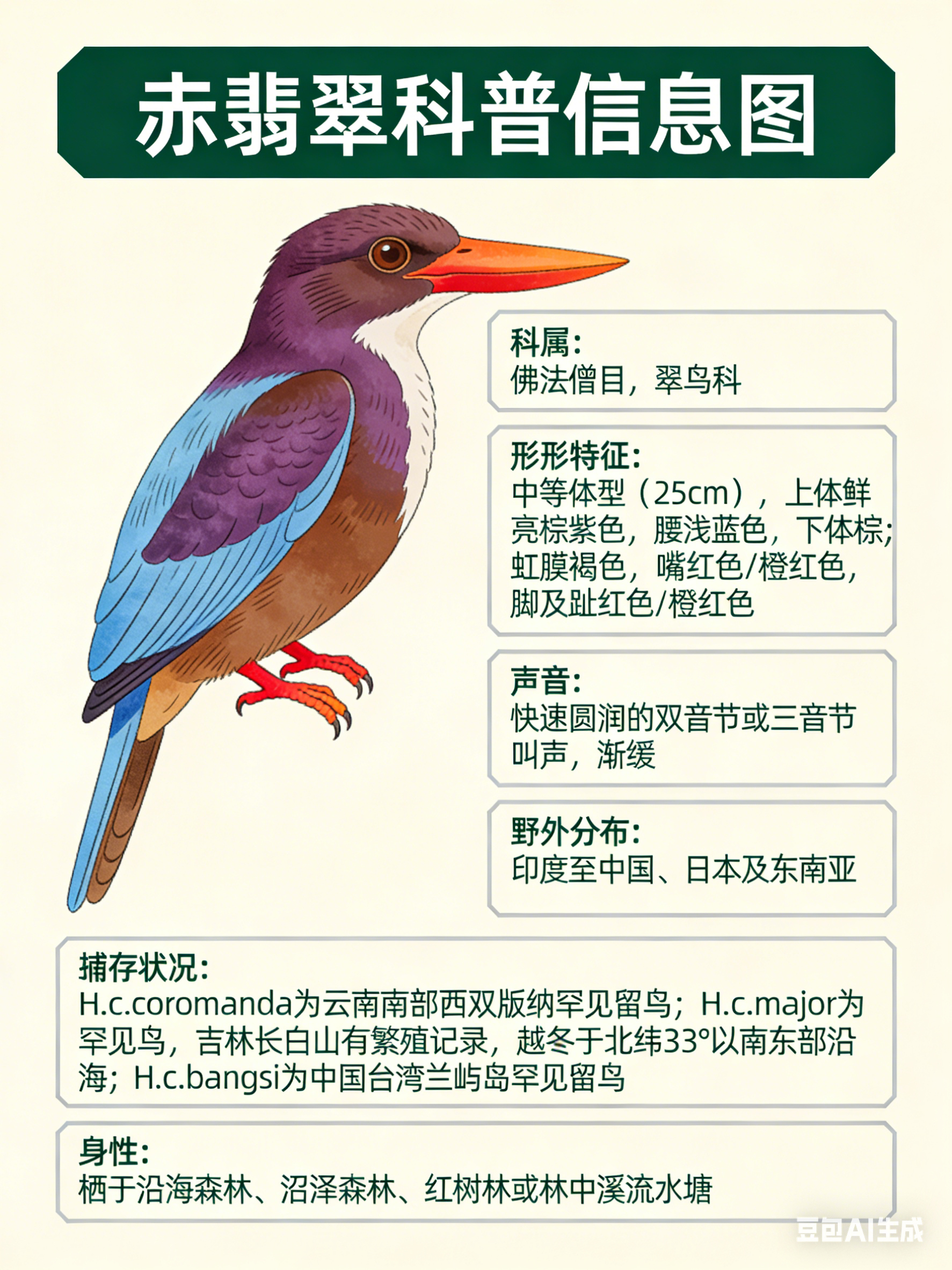 鸟类朋友图鉴 赤翡翠·科属：佛法僧目，翠鸟科。·外形特征：中等体型（25cm）的