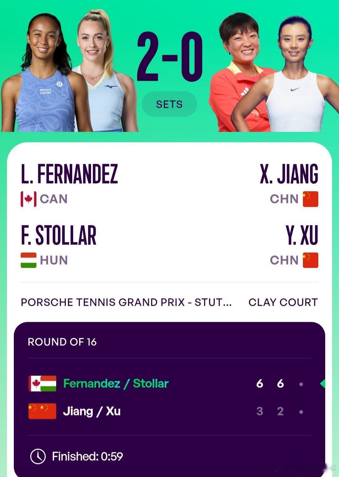 WTA500斯图加特站🇩🇪女双第1轮蒋欣玗🇨🇳/徐一璠🇨🇳3-6/2