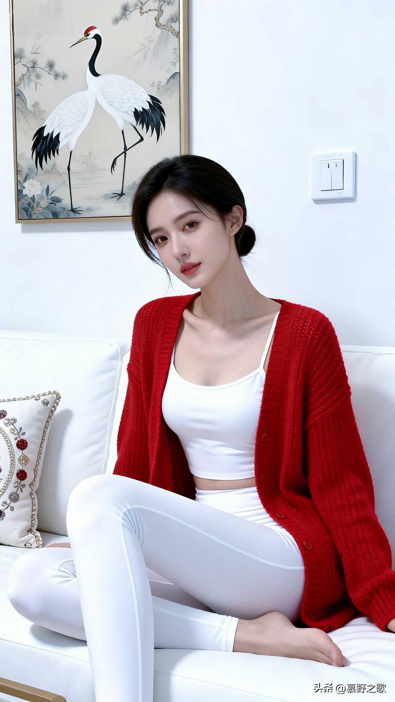 白色沙发上，一位女子以慵懒的姿态倚靠。她身着红色针织开衫，内搭白色短款上衣，下身