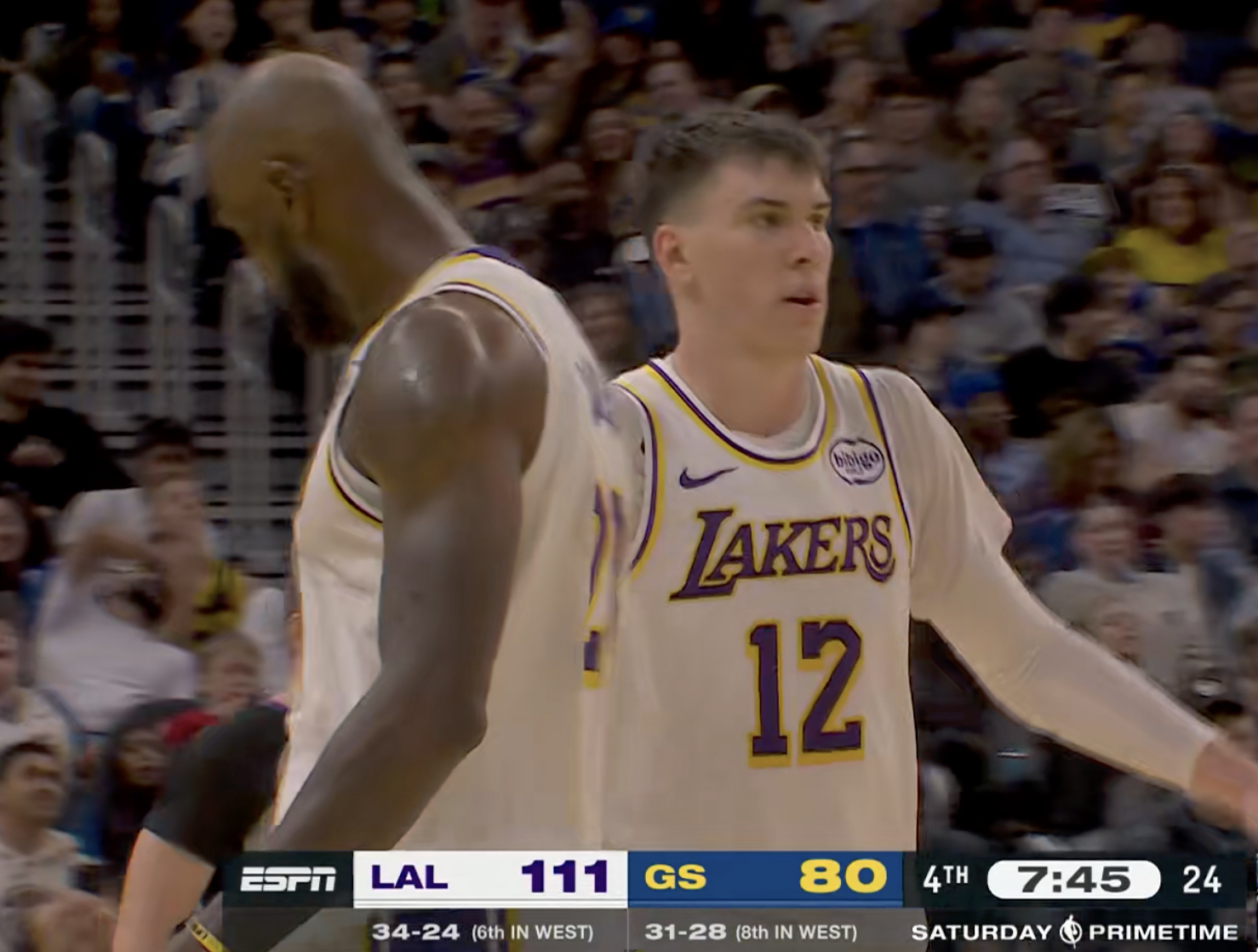 勇士暂停！湖人领先31分！111-80詹姆斯秀出妙传！湖人vs勇士