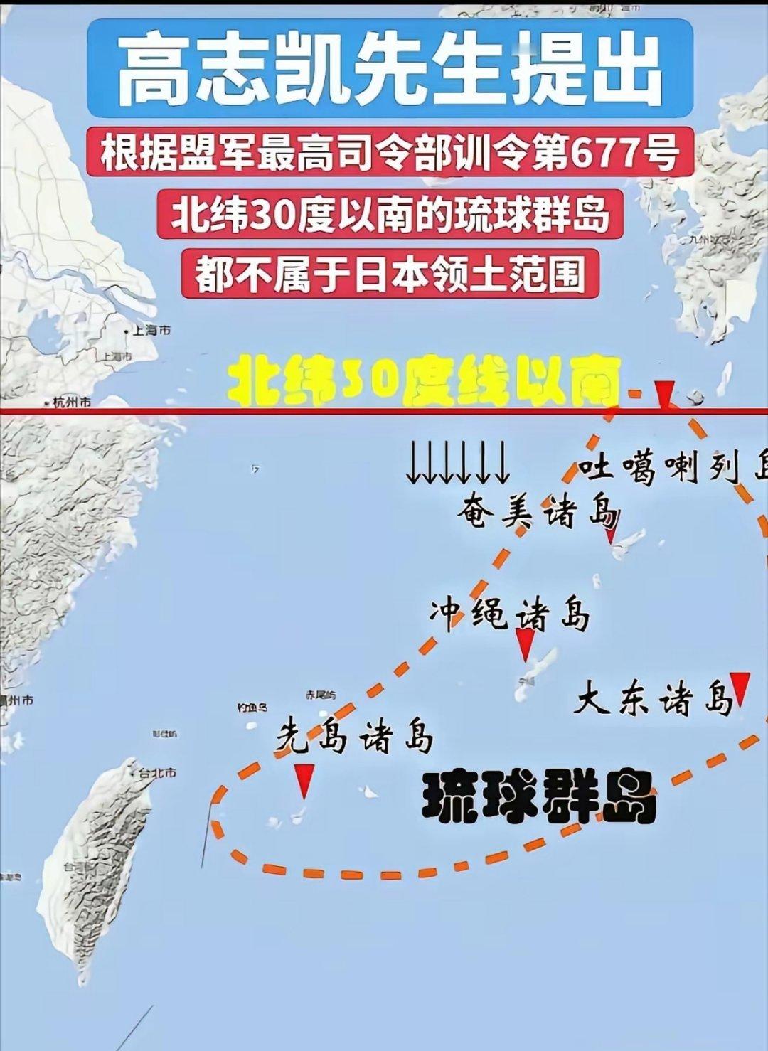 高志凯先生提出的主张总是简单明了。琉球不是日本的，他一句话就说清楚：北纬30度以