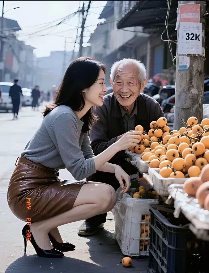 秀色可餐惹人醉，男人至死是少年。
一位银须白发的老大爷在路边卖枇杷，这时走来一位