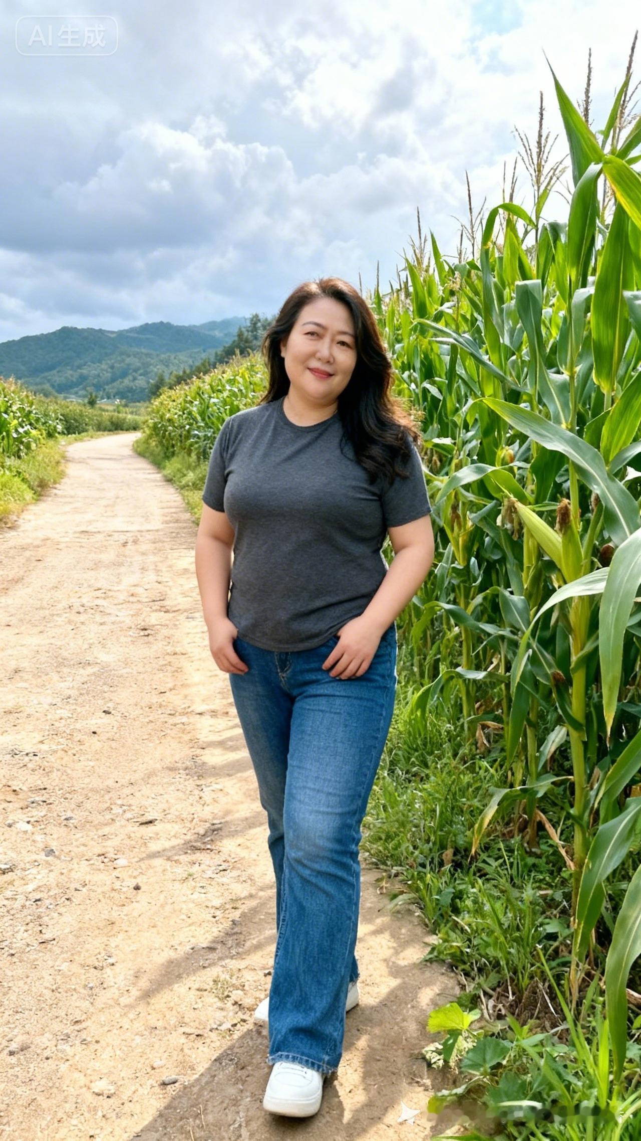 在田间小路上，她笑得很灿烂。