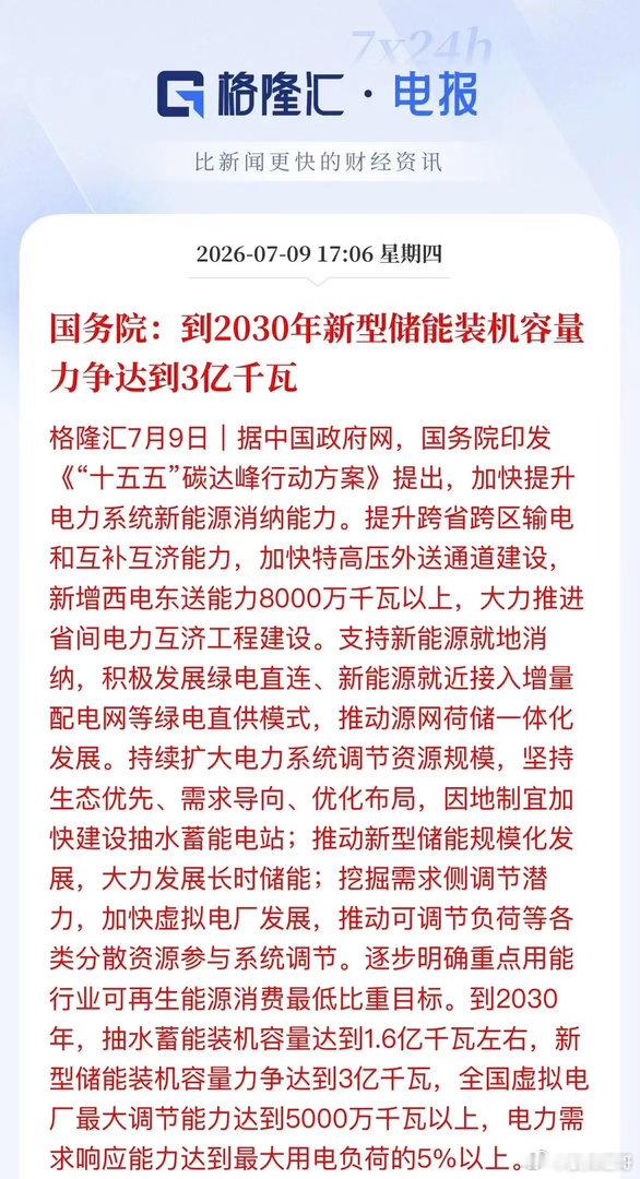 盘后电力赛道迎重磅政策利好！顶层下硬指标："十五五"新型储能装机冲3亿千瓦盘后，