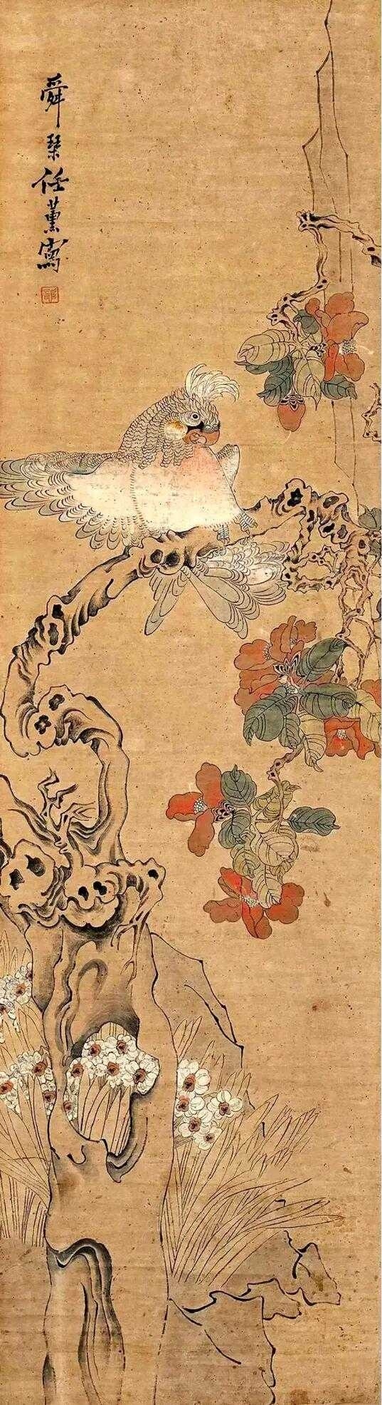 任薰 花鸟对屏。任薰（1835年—1893年），字舜琴，又字阜长，清代画家，其父