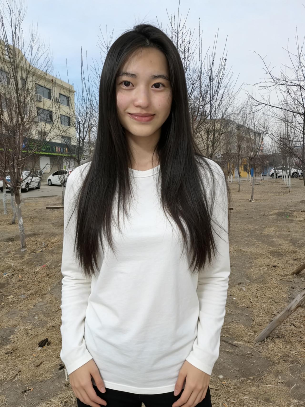 空庭疏木对晴空，白衫轻扬笑靥融。
万里闲云天自在，心随景远意无穷。
