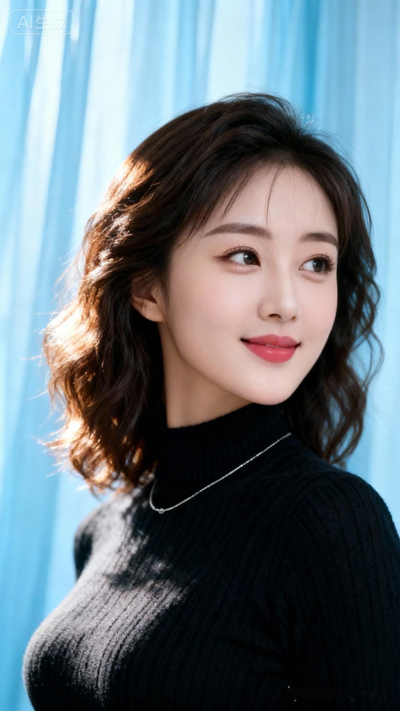 温柔微笑，蓝调背景，优雅黑衣，自然妆容，清新动人。