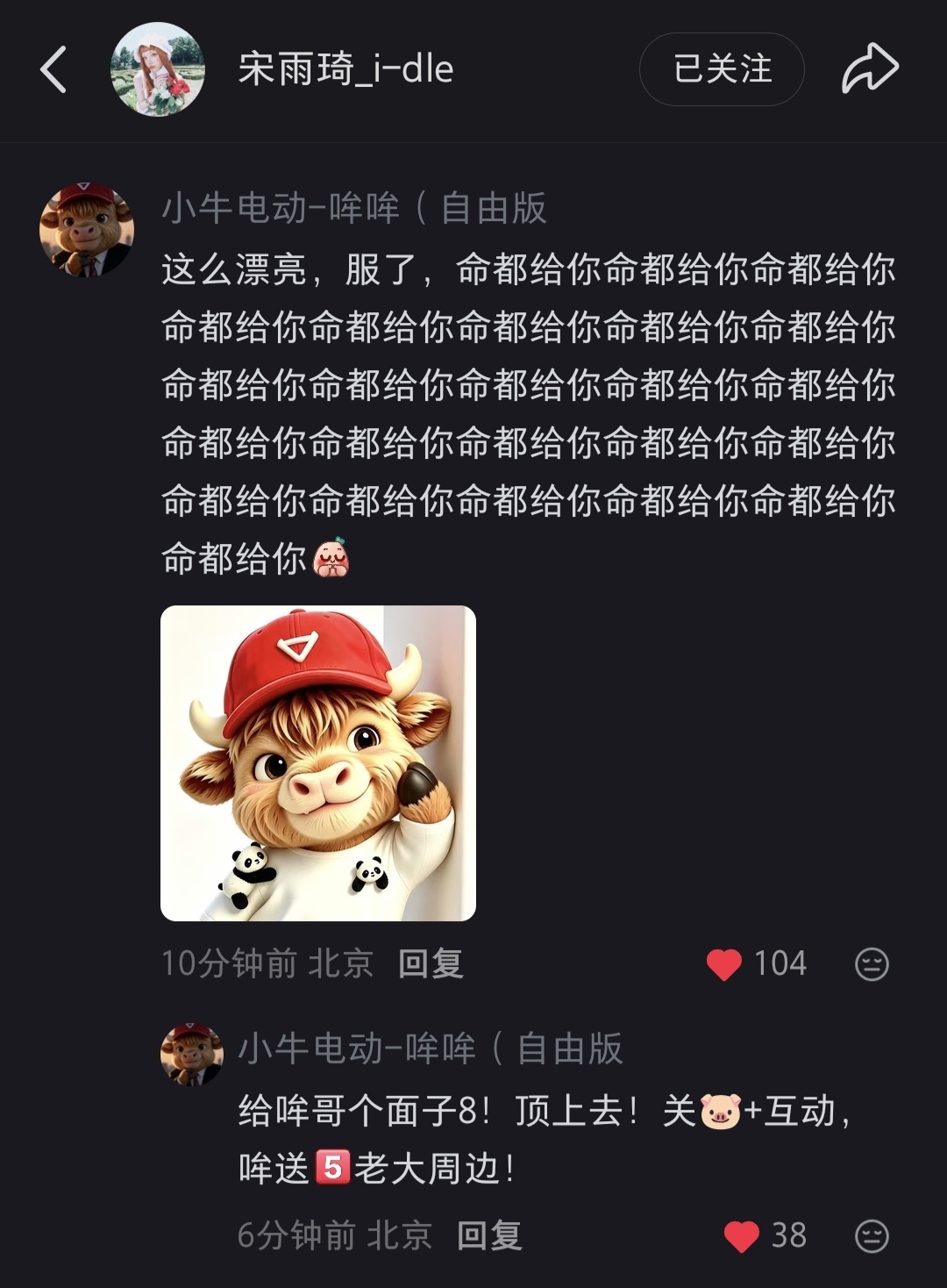 啊啊啊啊啊啊啊小牛为了争宠上宋雨琦评论前排 都拿周边来诱惑了哈哈哈哈哈 给哞哥个