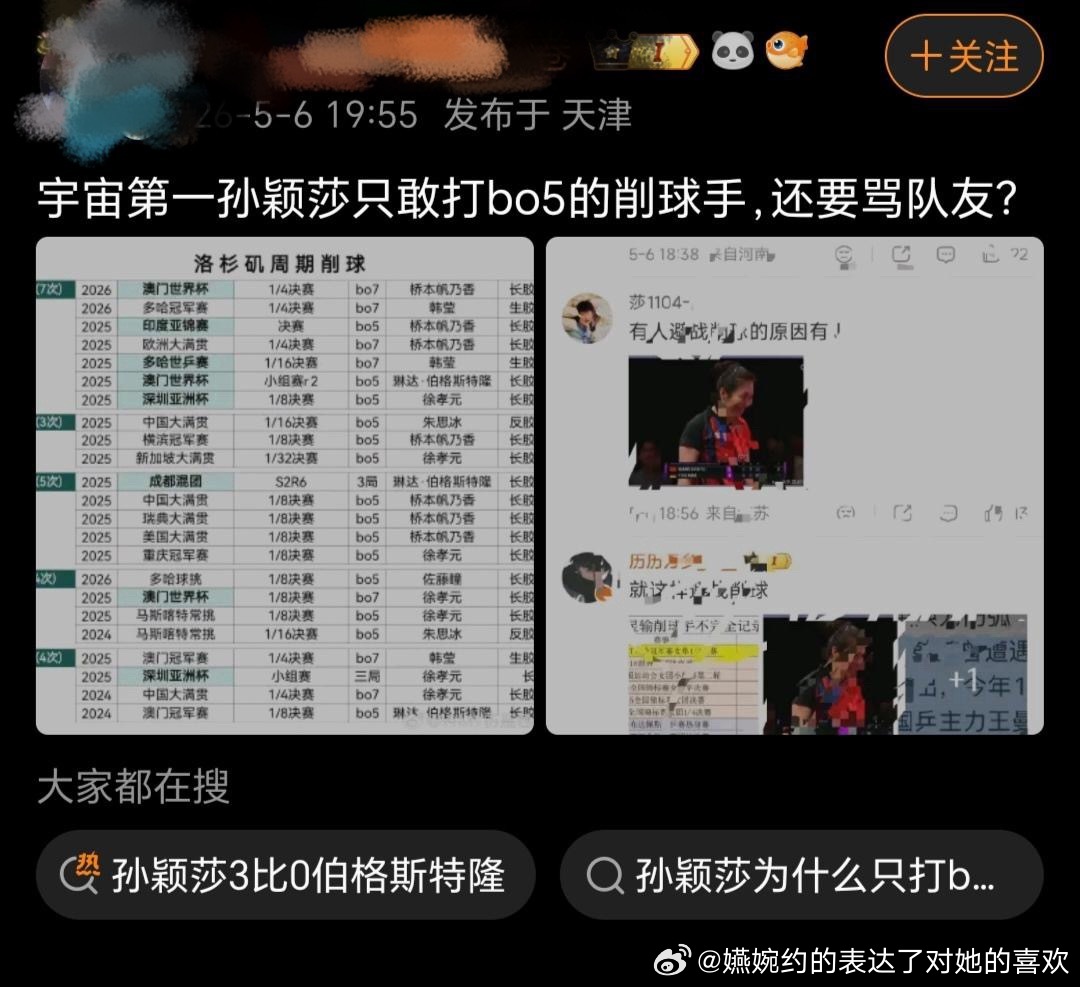 谢谢你说孙颖莎宇宙第一，孙颖莎六次打韩莹，六次打徐孝元，还有孙颖莎半年前全运会4
