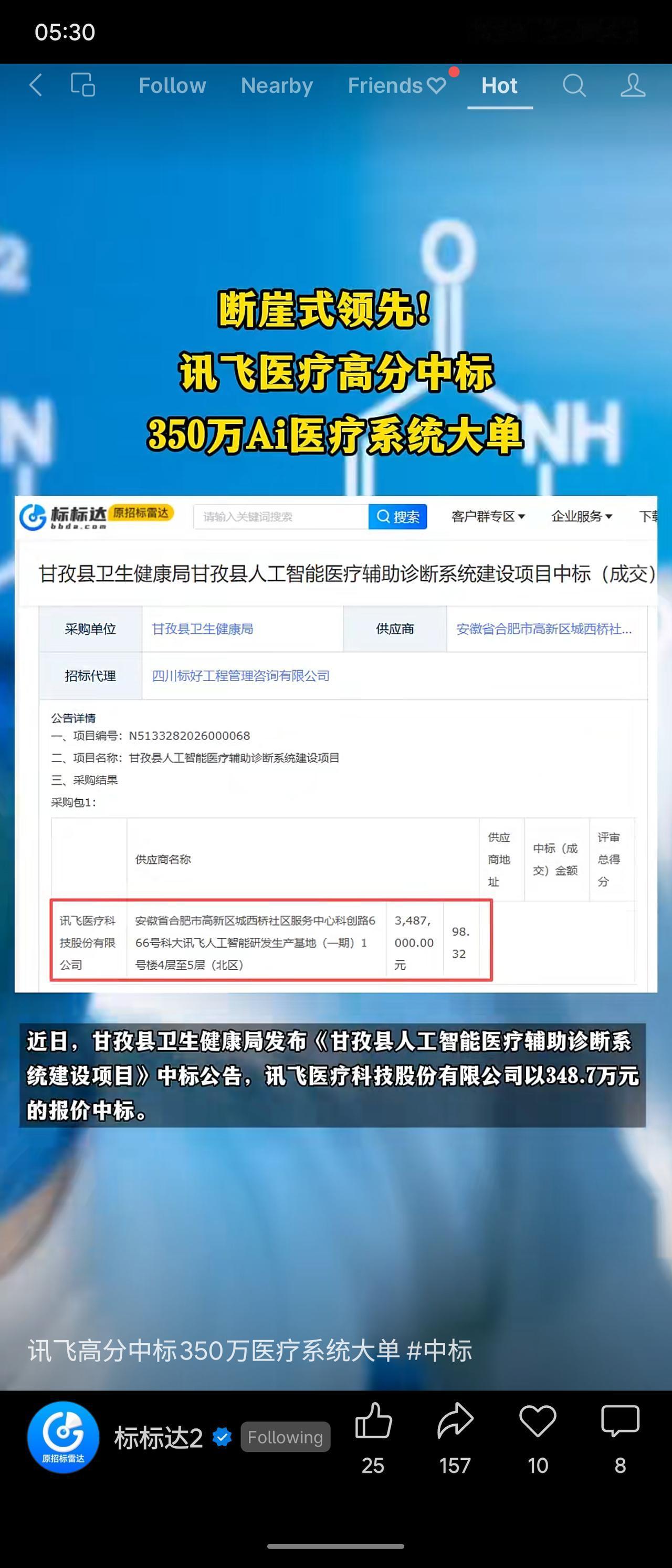 讯飞医疗以348.7万元中标甘孜县AI医疗辅助诊断系统项目，技术得分55分（满分