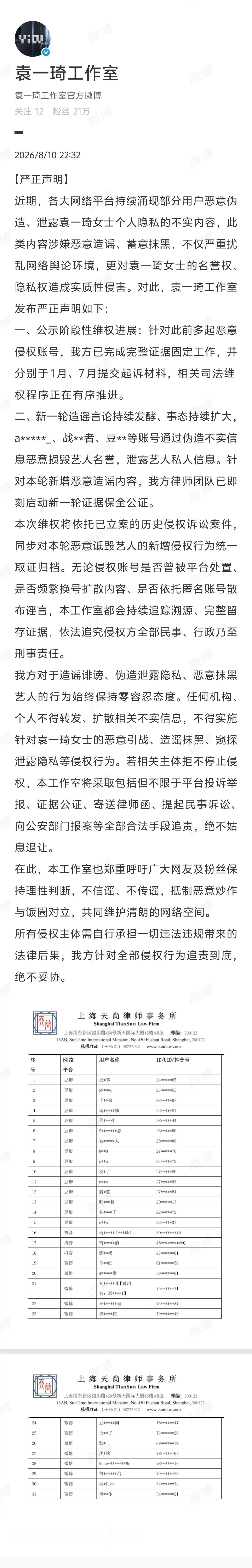 袁一琦工作室告黑 袁一琦工作室告黑，“新一轮造谣也在取证中”，互联网不是法外之地
