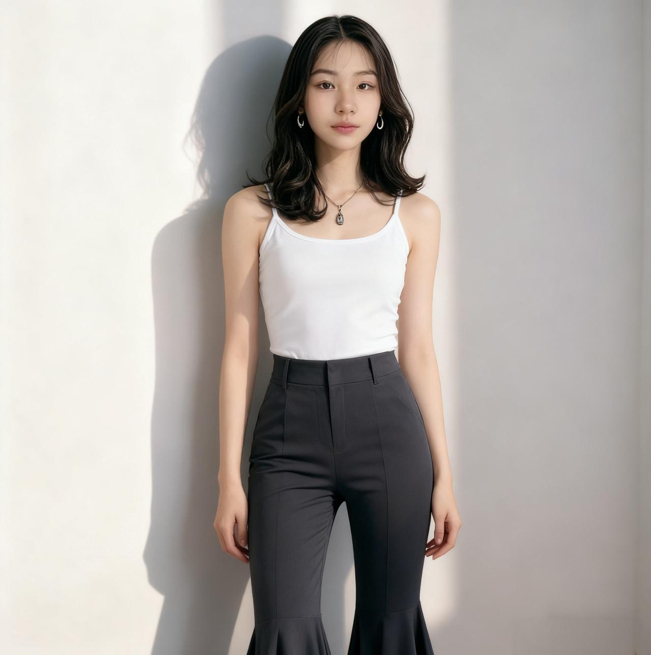 白色的修身吊带背心，版型贴身，干净的白色让整体看起来清爽又有质感。
​搭配了一条