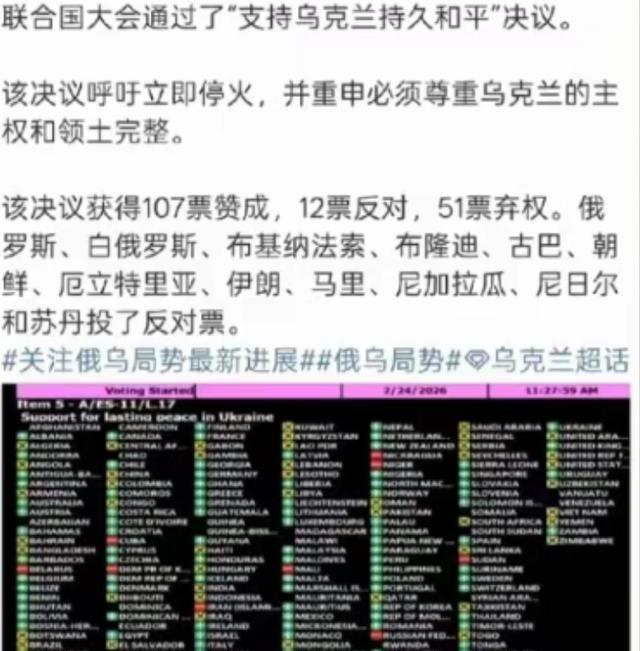 弱国无外交啊，支持乌克兰的国家只有107个，但是支持俄罗斯的国家居然高达12个。