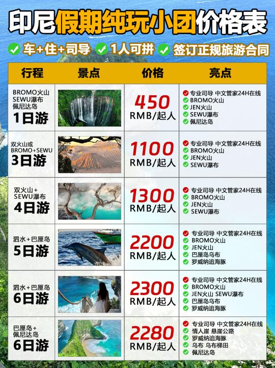 印尼假期纯玩小团价格表💰人均最低1k起✨