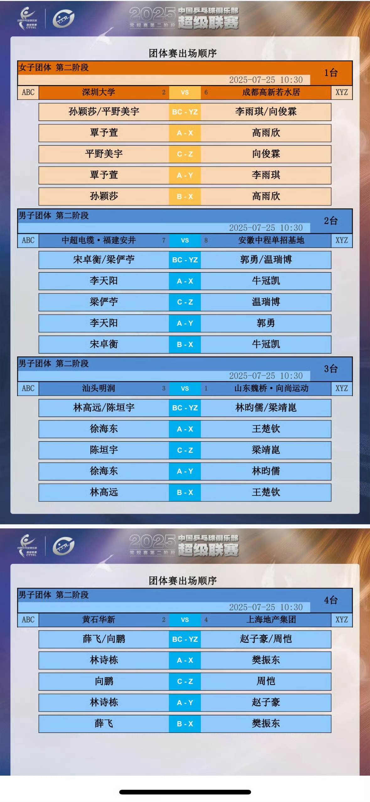2025乒超联赛7月25日上午场出场顺序 ​​​