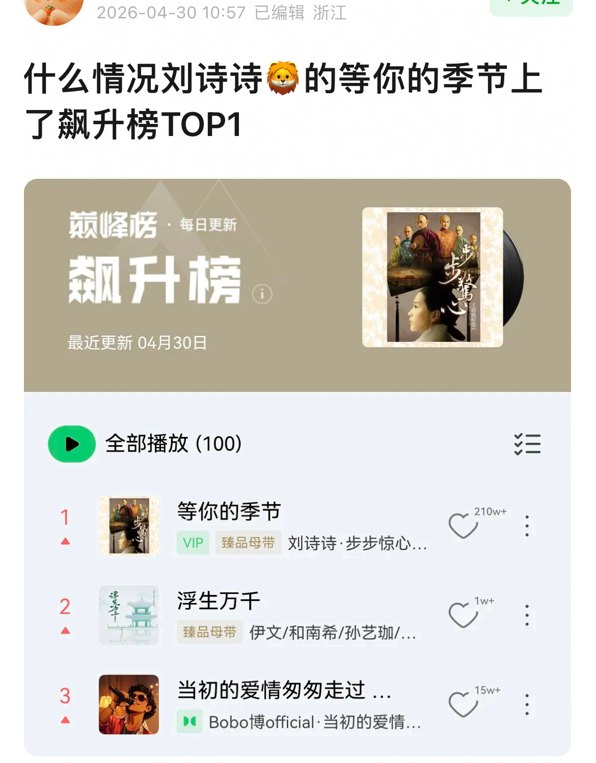 什么情况？刘诗诗🦁歌曲《等你的季节》上了飙升榜TOP1 