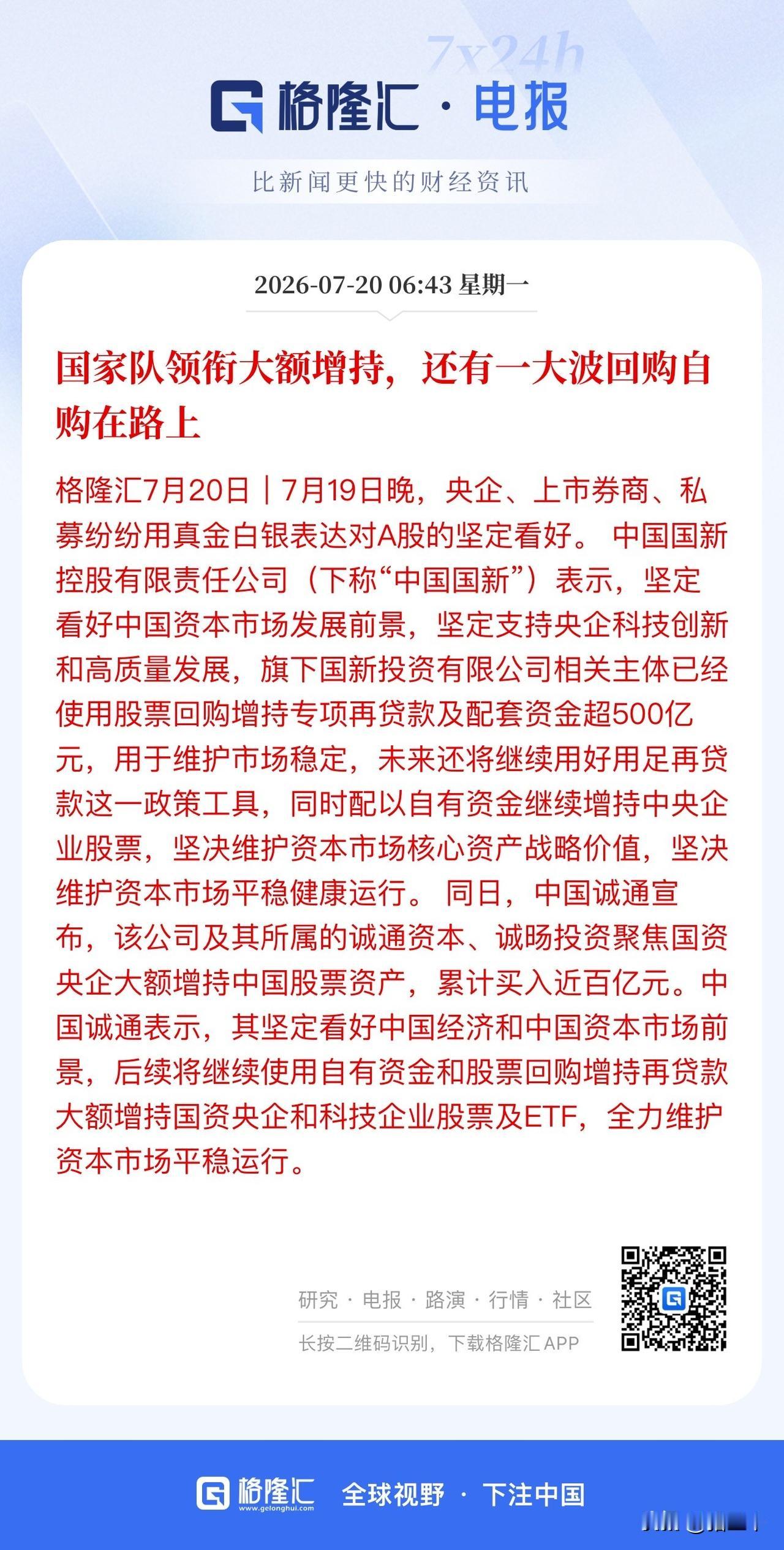 早盘，国家队托底A股！
诚通和国新纷纷宣布增持A股，
诚通买入超百亿元、
国新使