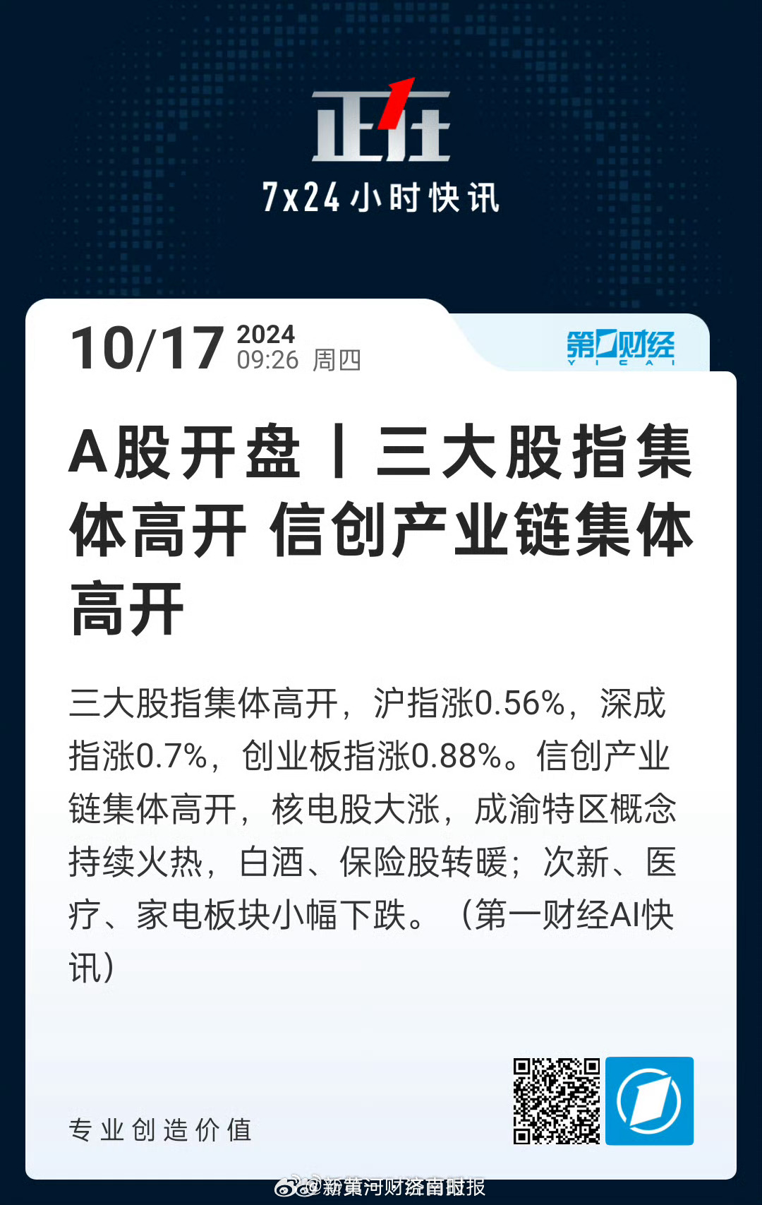 【A股开盘｜三大股指集体高开 信创产业链集体高开】三大股指集体高开，沪指涨0.5