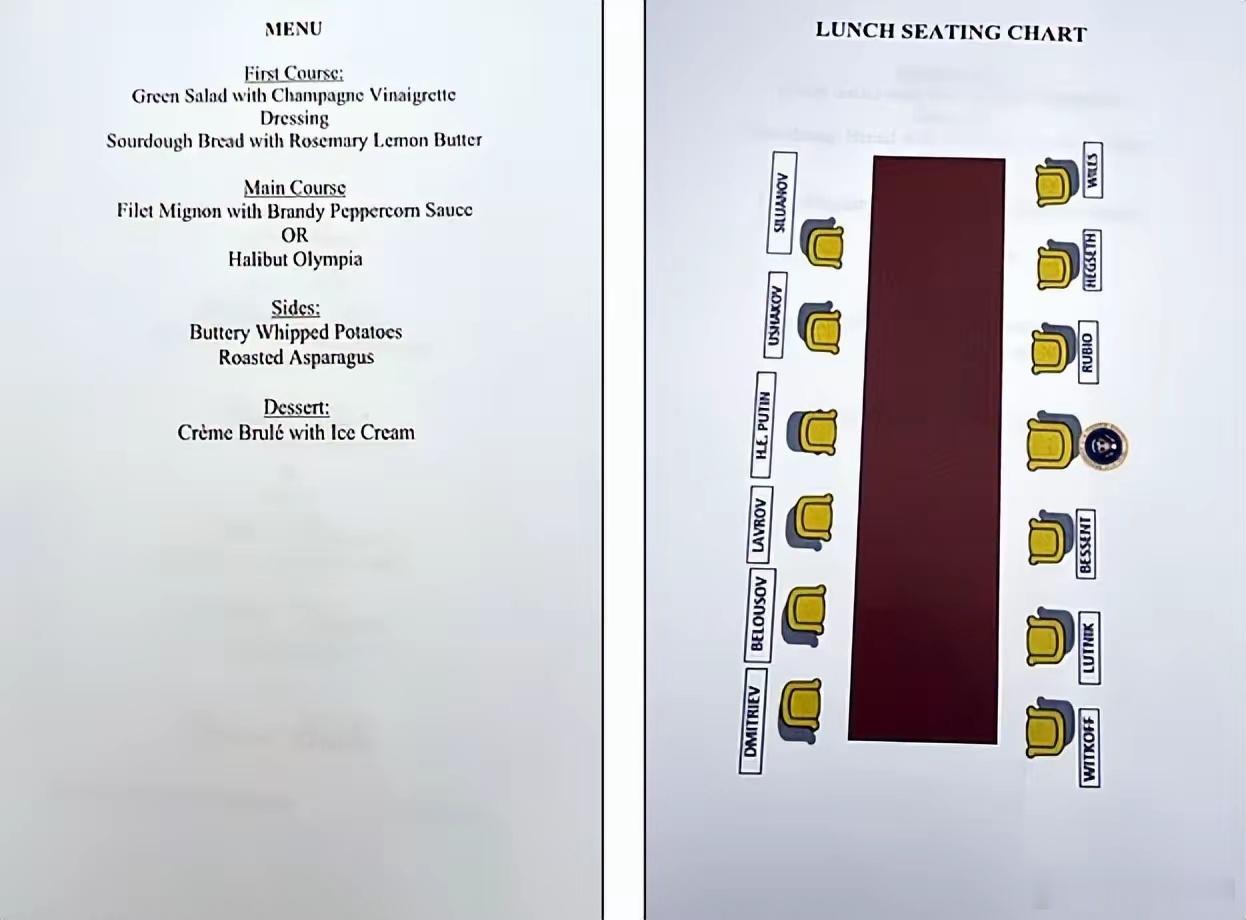 阿拉斯加峰会后，美方遗落的文件显示，特朗普的座位标示与众不同，他的是椅子符号比其