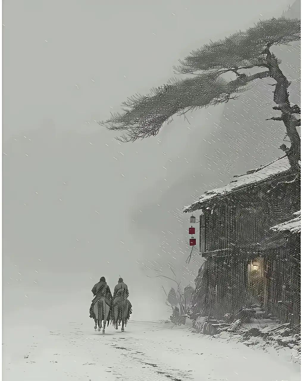 七绝.雪夜行

雪里双骑踏远程，
寒风逆旅几峥嵘。
一壶老酒从容去，
天下江湖侠