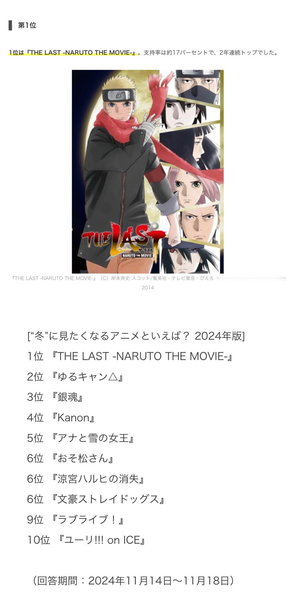 票选【⛄️说到“冬天”最想看的动漫】2024年版《火影忍者剧场版:THE LAS