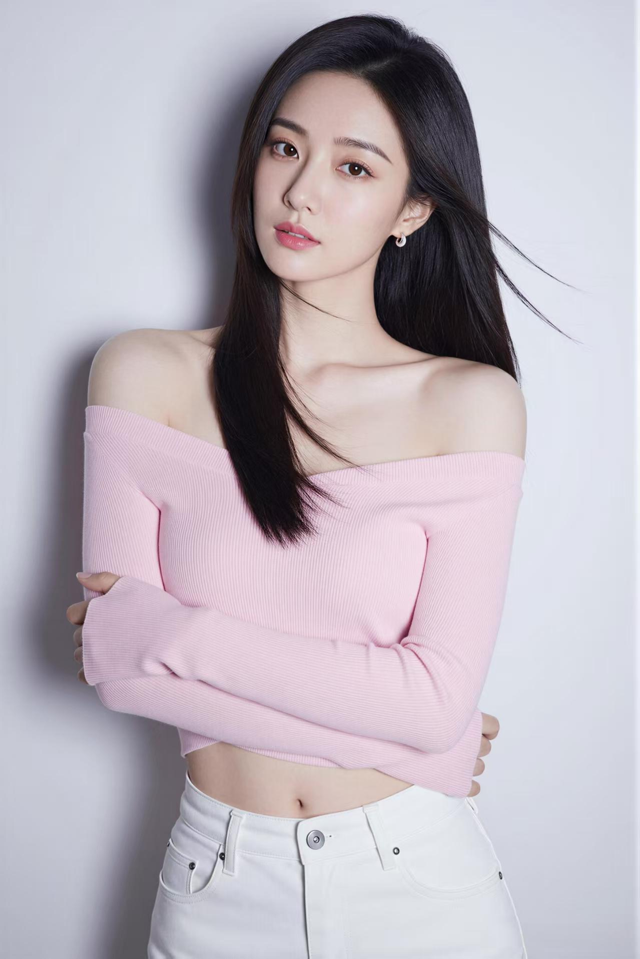 粉衫撞白袜，甜而不腻的反差感。清纯美女 居家写真 甜系美女 
露肩设计藏着小性感