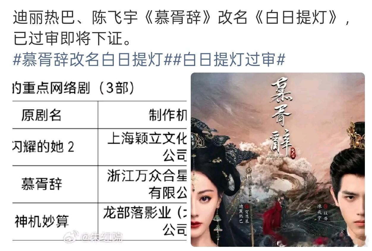 迪丽热巴陈飞宇慕胥辞改过来了，白日提灯已过审即将下证