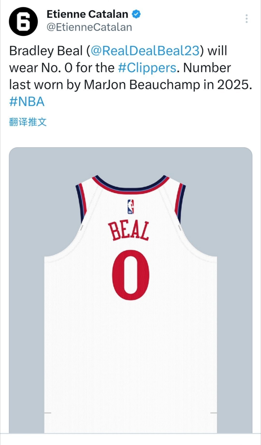 ☞布拉德利-比尔新赛季将身穿0号球衣，之前穿快船0号球衣的是比彻姆☞这下我们知道