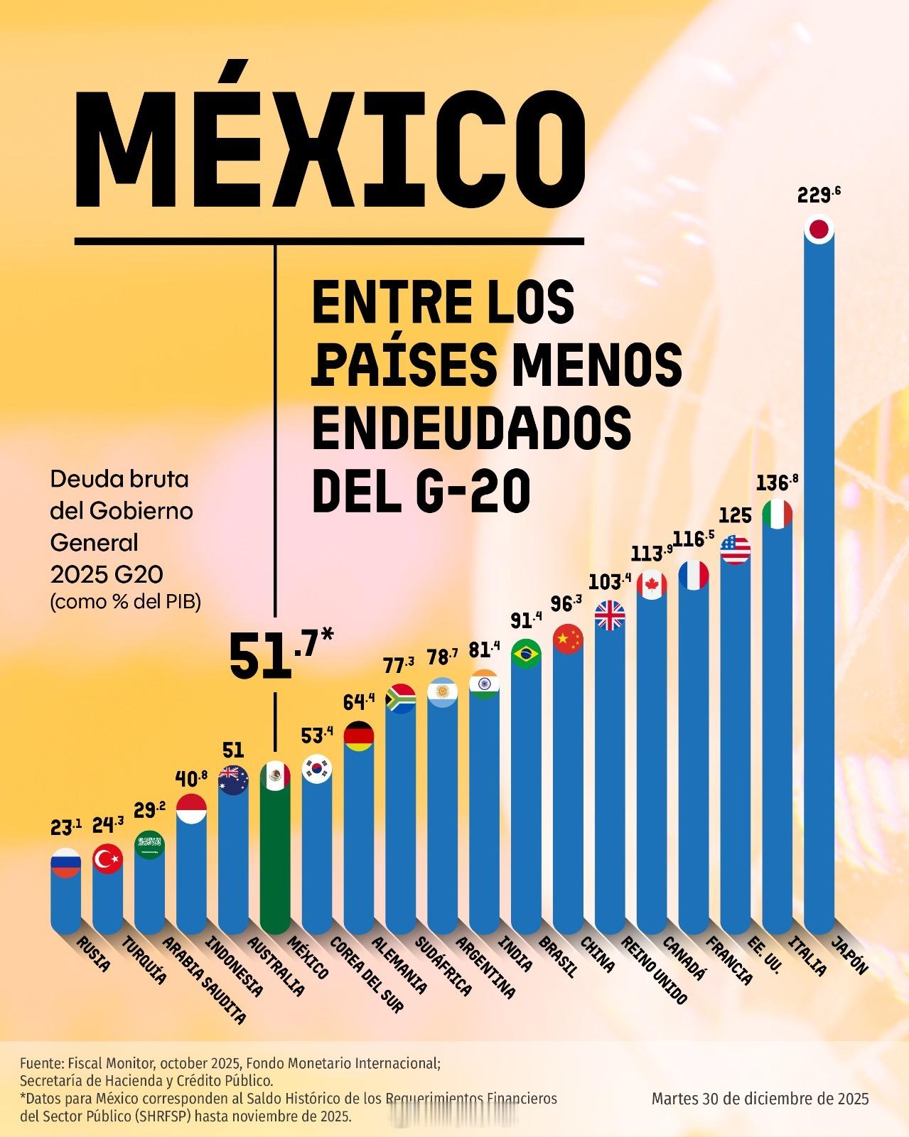 墨西哥是世界上负债较少的国家之一。在二十国集团（G20）成员国中，墨西哥排名第六