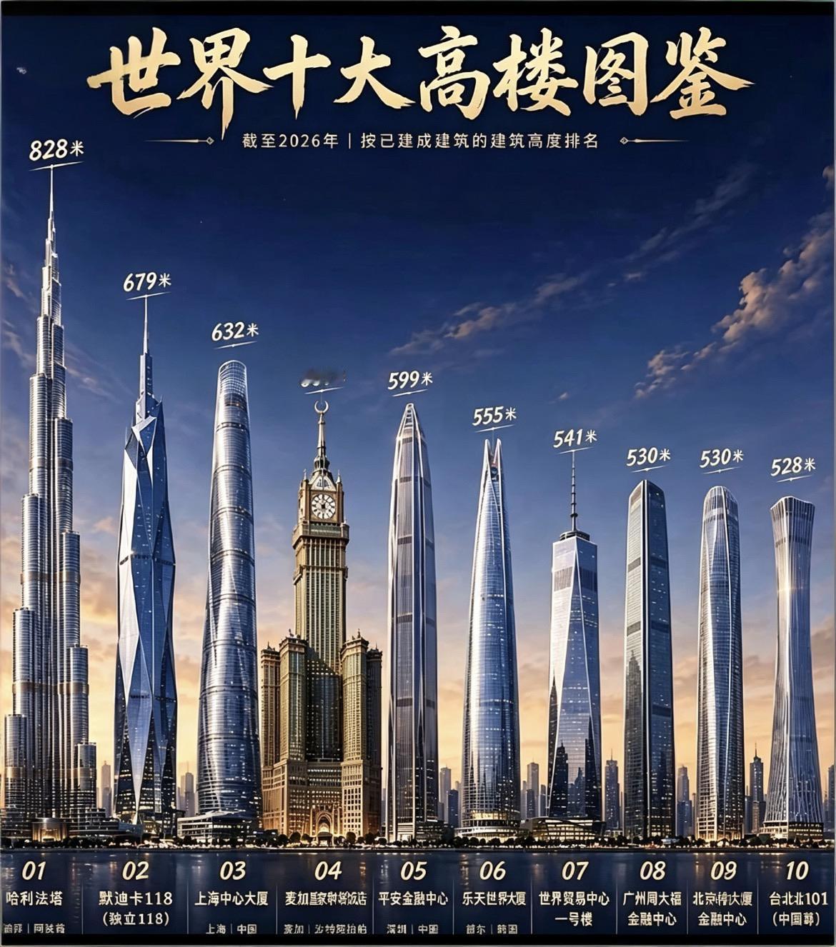 世界十大高楼，我国就独占了一半，我国的经济腾飞的确是有目共睹！
01 哈利法塔