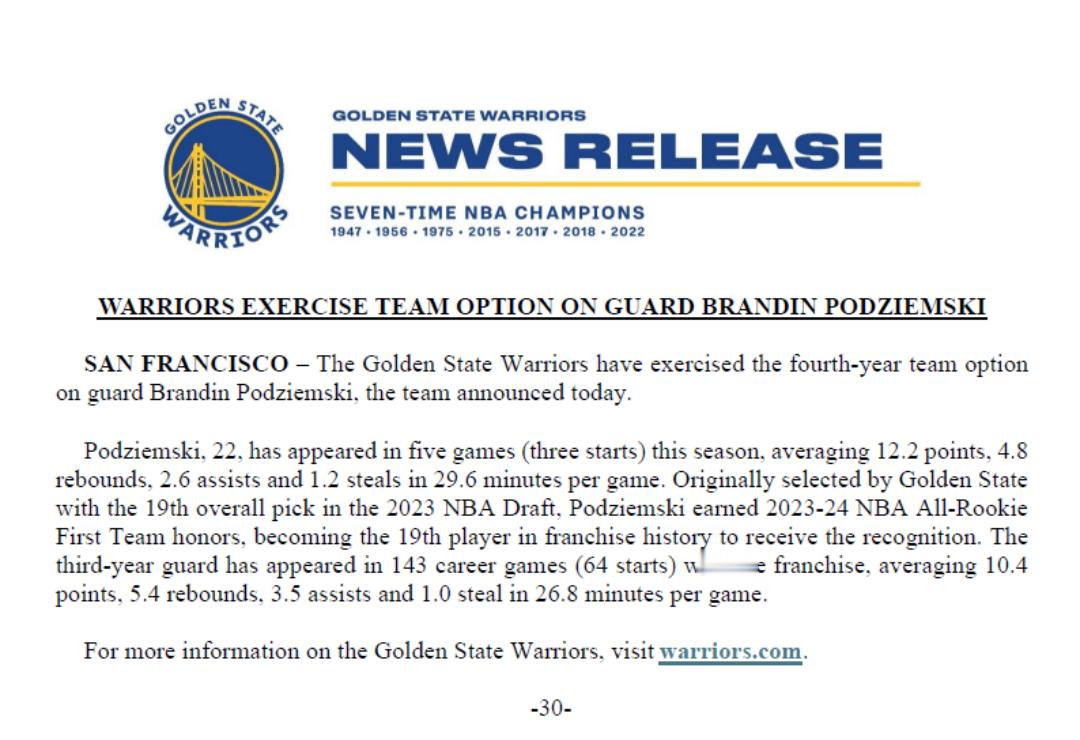 勇士队今天宣布，他们已经执行了波杰的第四年球队选项。波杰和勇士队将在下个休赛期开