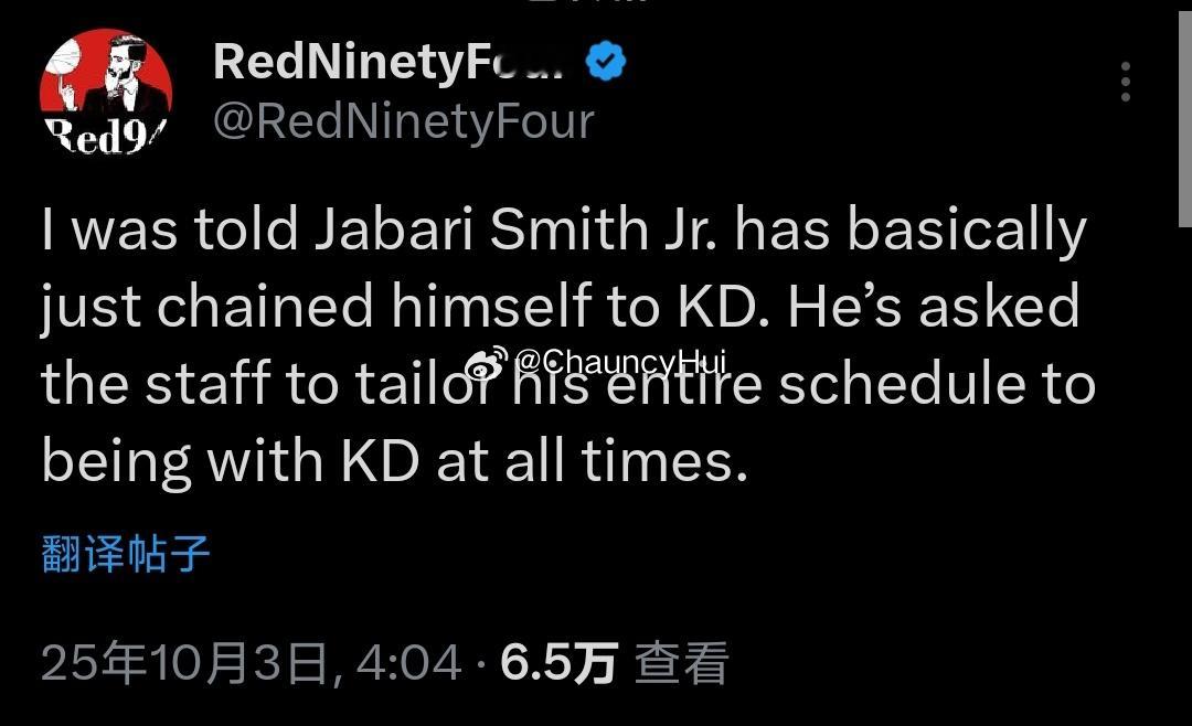 贾巴里要求和kd绑定训练。他要求球队工作人员把自己的整个行程都调整成能一直跟着杜