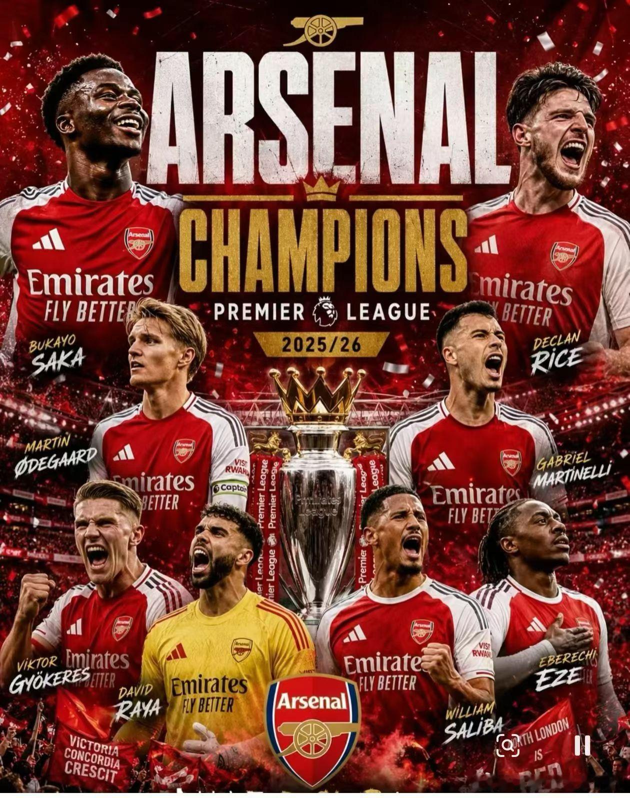 22年的等待，阿森纳球迷终于可以高喊“阿森纳是冠军”了！🏆阿森纳是冠军阿森纳提