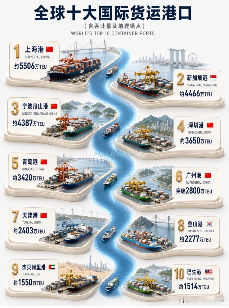 全球十大国际货运港口，中国占其六！[赞][赞][赞]国际经济运行 货运枢纽港