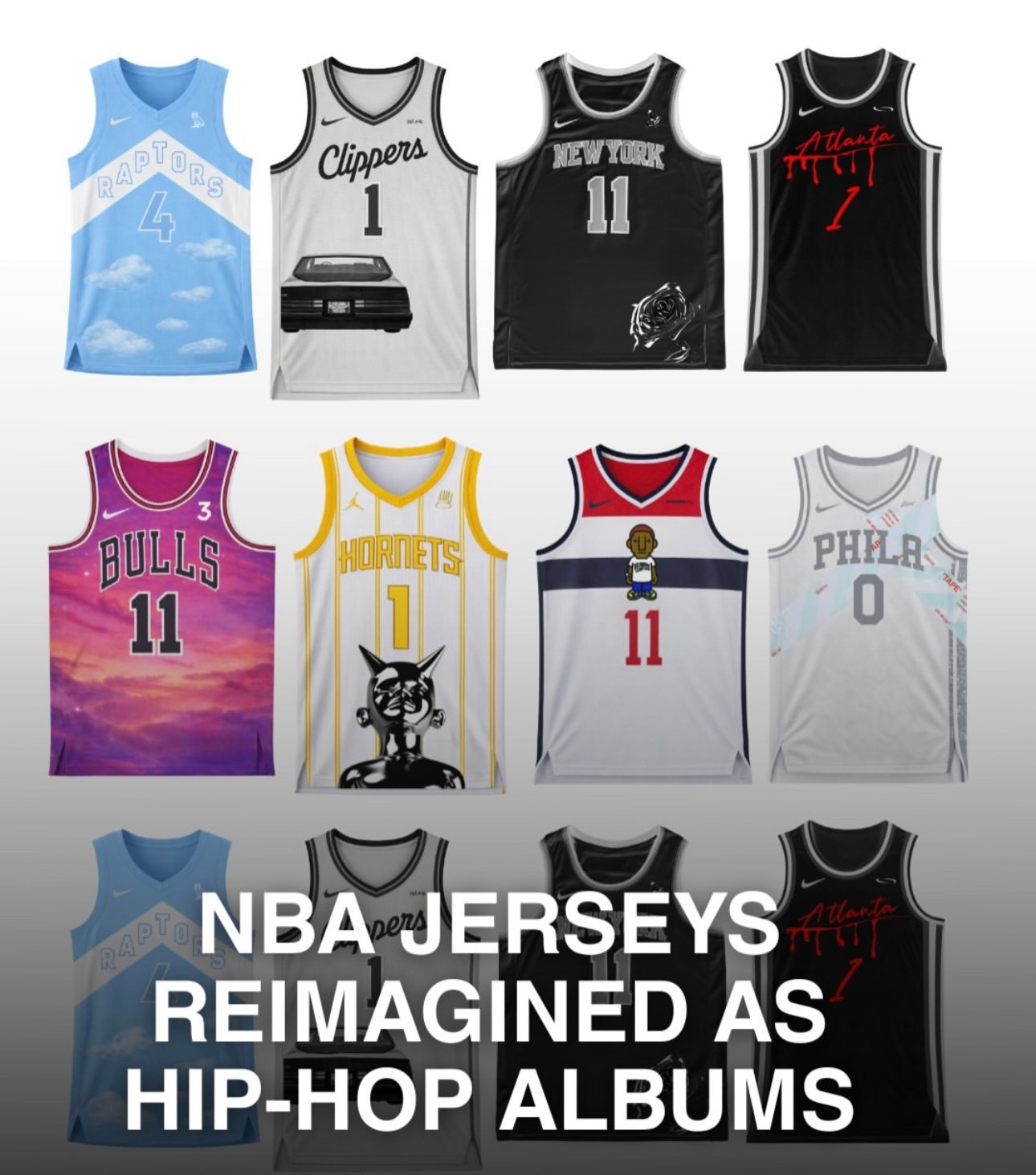 篮天下 Hip-Hop专辑封面x NBA球衣，将篮球文化与嘻哈文化融合在一起。I