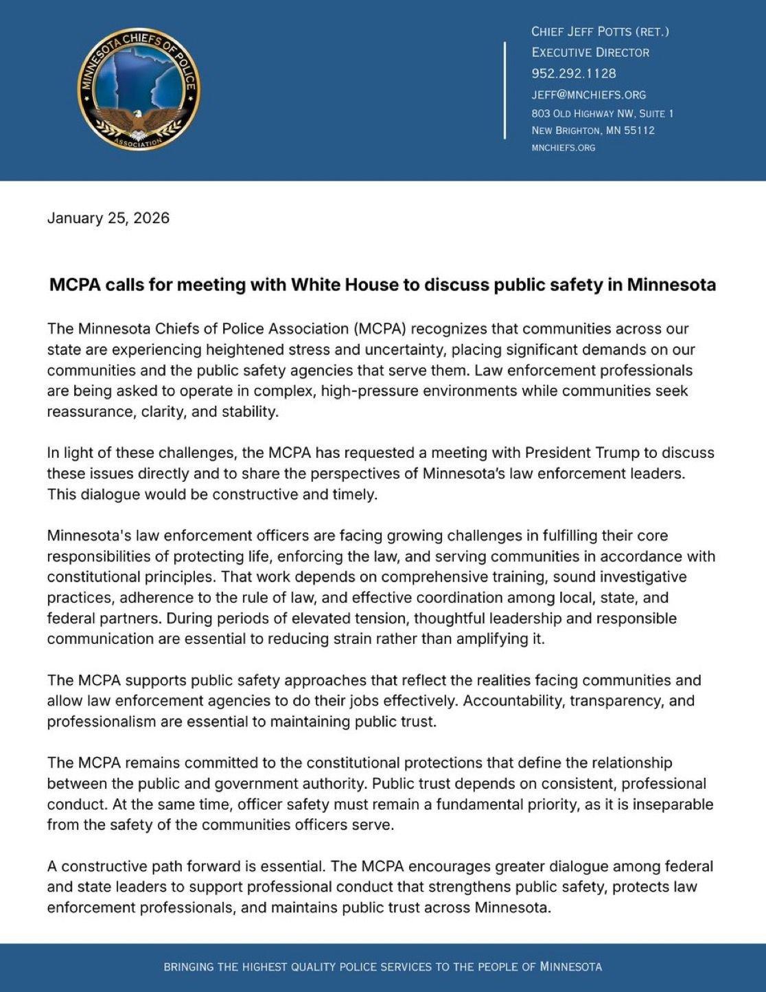 最新消息：美国明尼苏达州警察局长协会（MCPA）发布声明，请求与特朗普总统会晤，