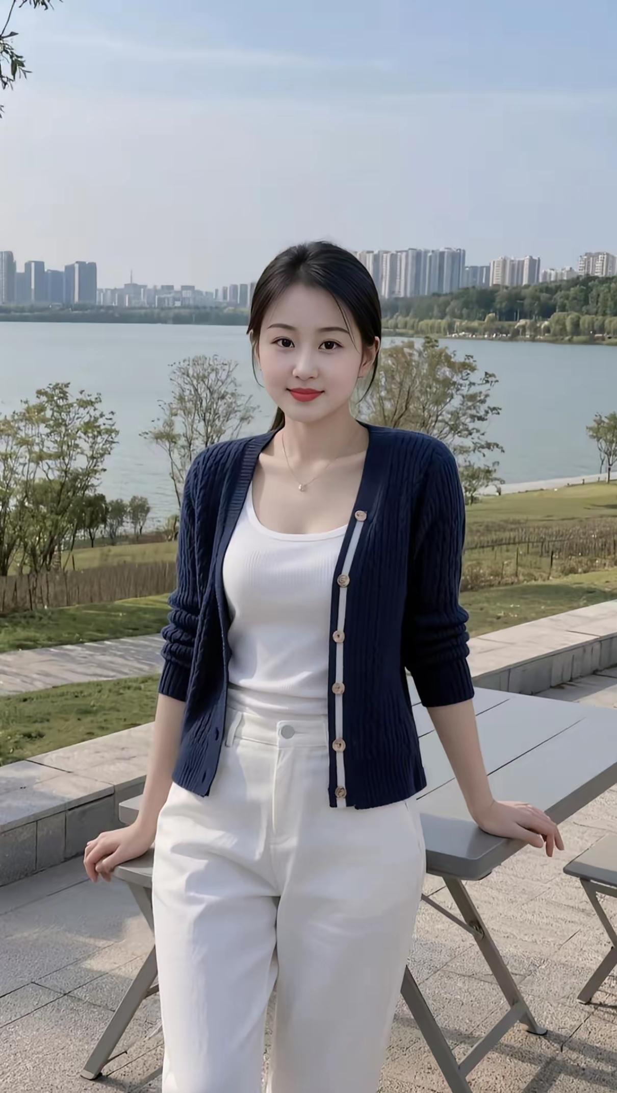 🌊 湖畔松弛感穿搭，把温柔穿身上
藏青针织开衫配一身白，这就是秋日湖畔独有的松