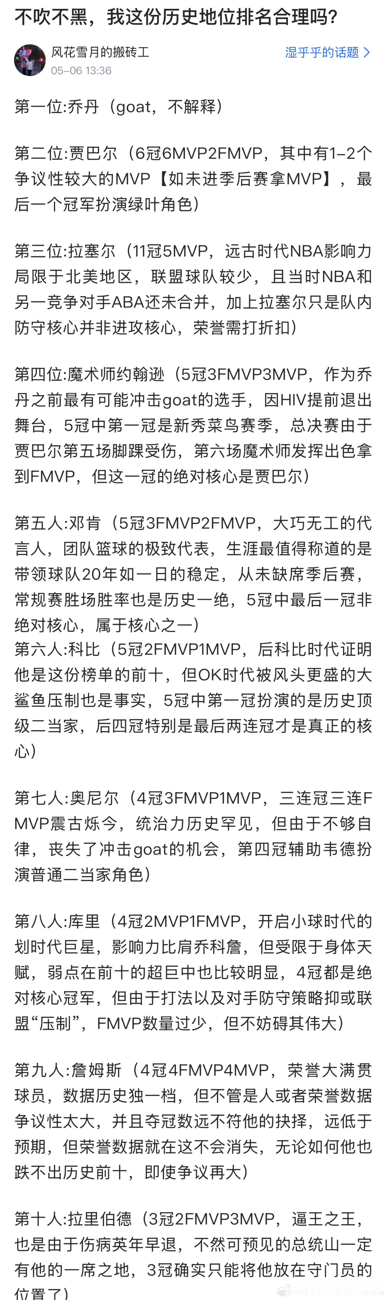 球迷排的NBA历史前十，赞成还是反对？NBA ​​​
