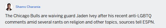 杰登艾维被裁！
据名记shams报道，芝加哥公牛队裁掉后卫杰登艾维，此前他发表了