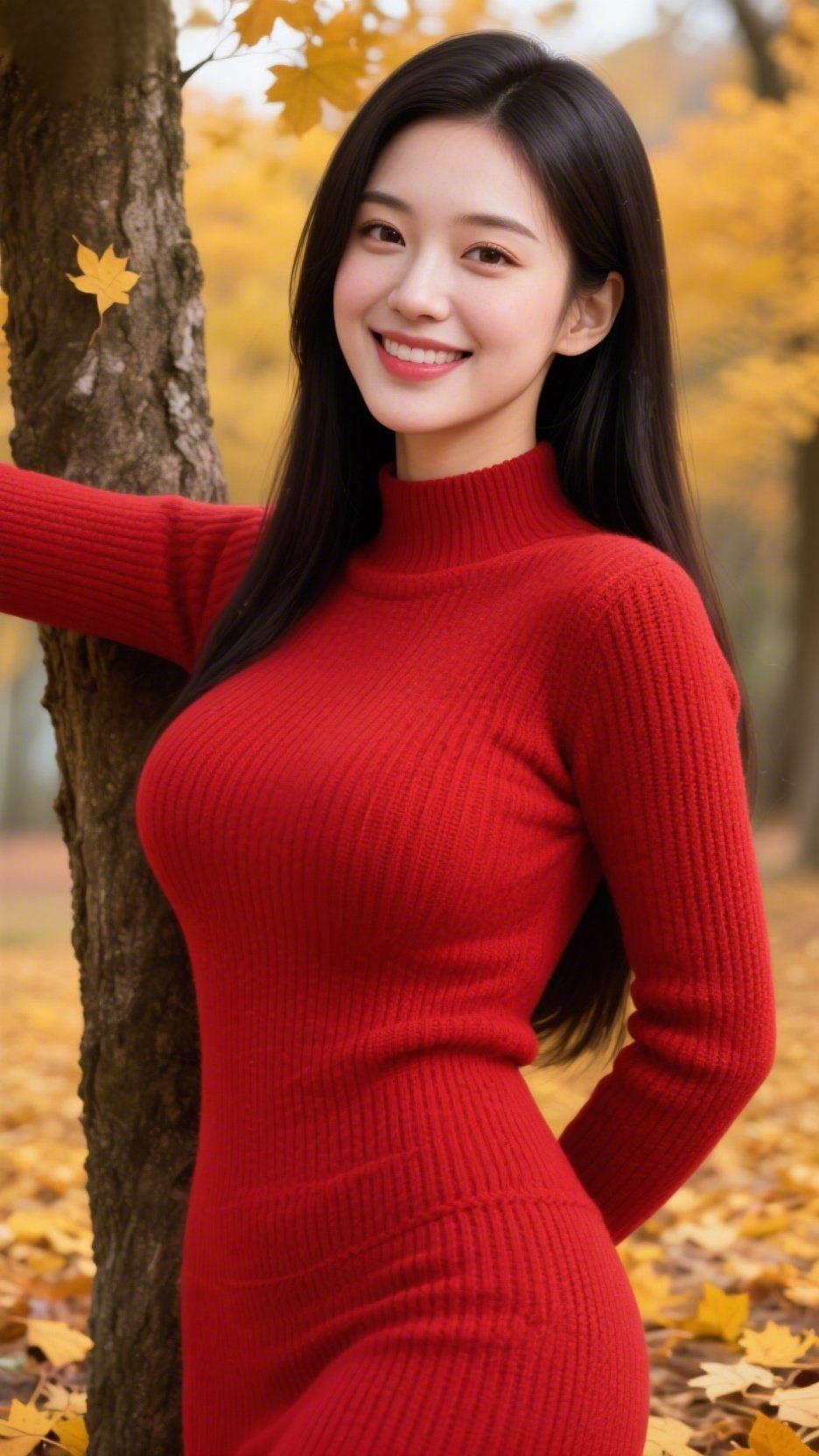 秋红染笑意
 
焦糖色的秋意漫过林间，一袭红毛衣撞进金黄的落叶里，像揉碎的暖阳，