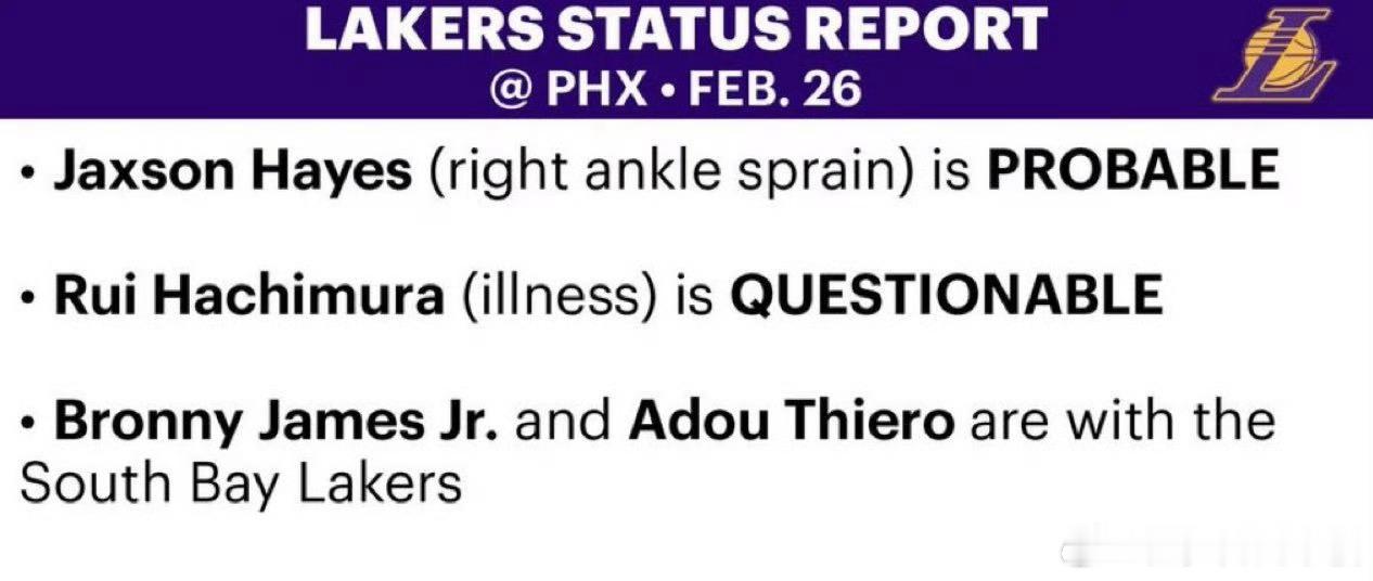 明日对阵太阳，海斯升级为大概率出战，八村垒(生病)出战成疑。布朗尼＆迪耶罗继续留