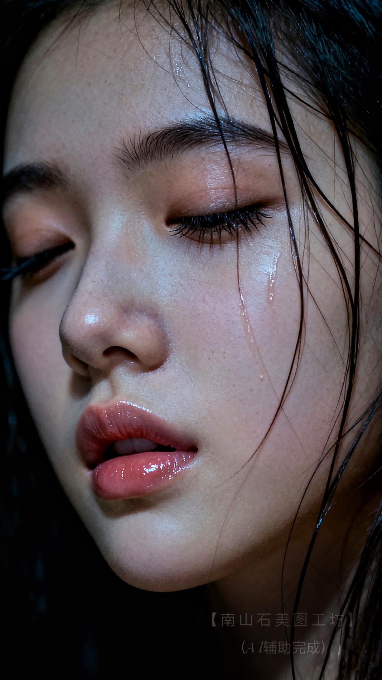 湿发垂落，泪痕似晶线滑过脸颊；眉眼轻阖如藏星芒，唇瓣润若玫瑰凝露。暗调光影中，哀