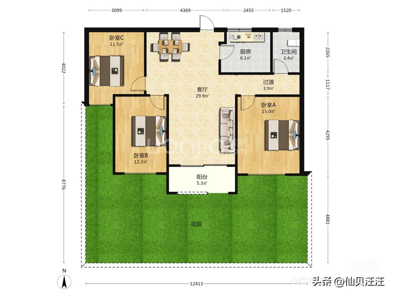 院子比客厅大！河西南幸福小屋曝光
河西南五矿崇文金城，115㎡+60㎡庭院=33