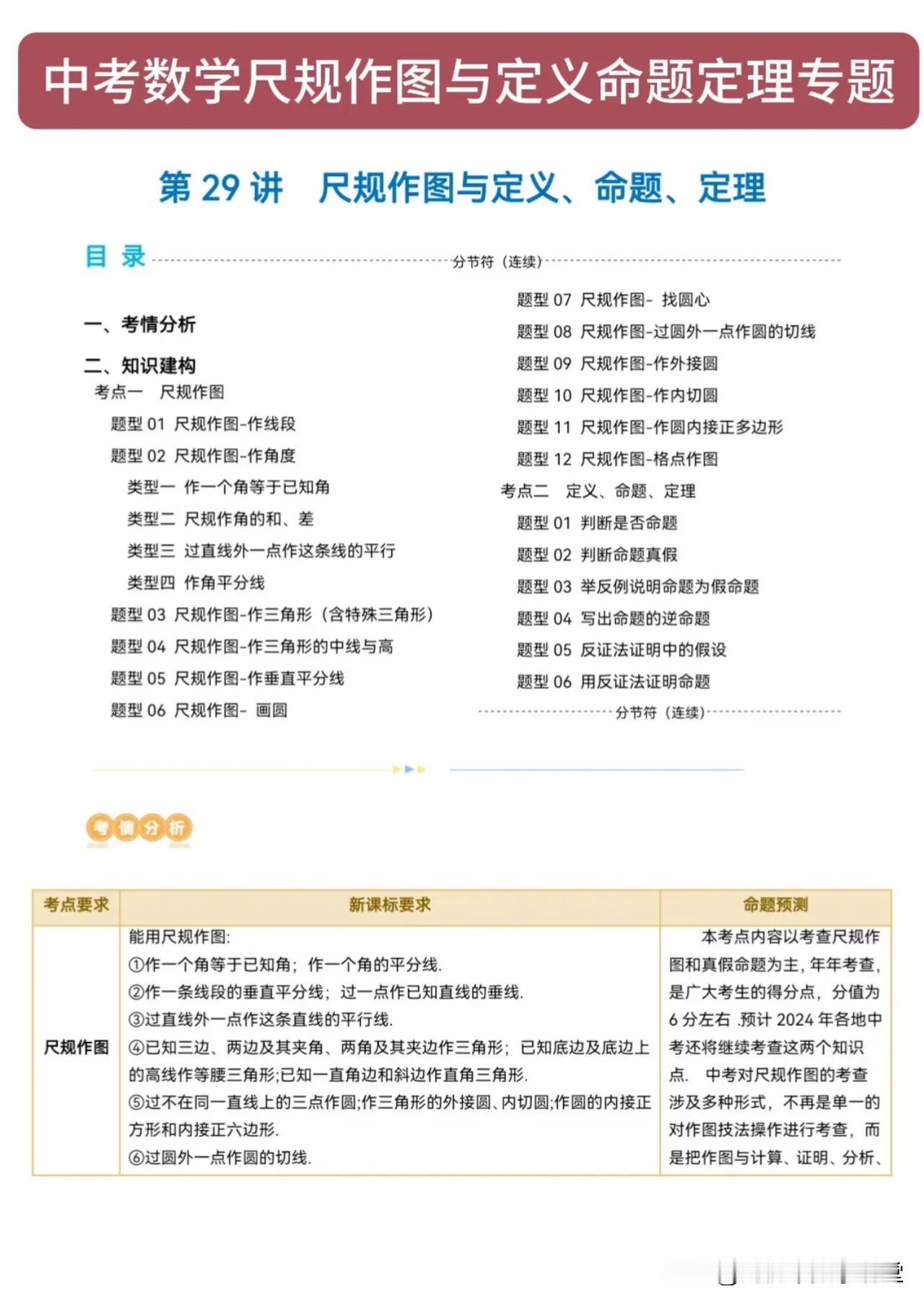 中考数学尺规作图与定义命题定理专题