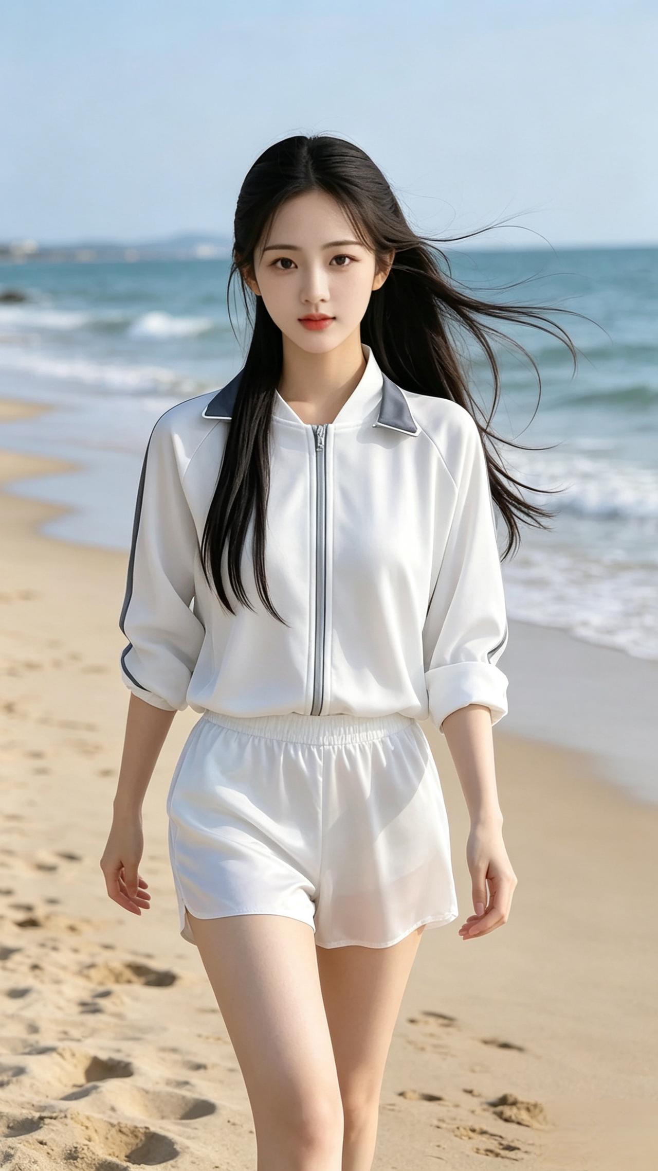 海边散步的漂亮姑娘，风好大呀。