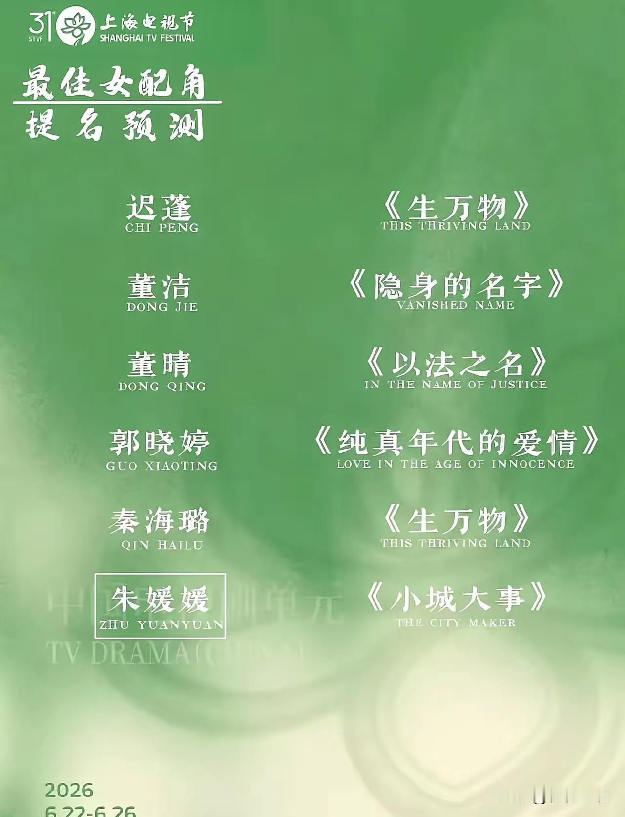 白玉兰最佳女配，不用争了，朱媛媛在《小城大事》里的演技已经封神了。她是忍着病痛拍