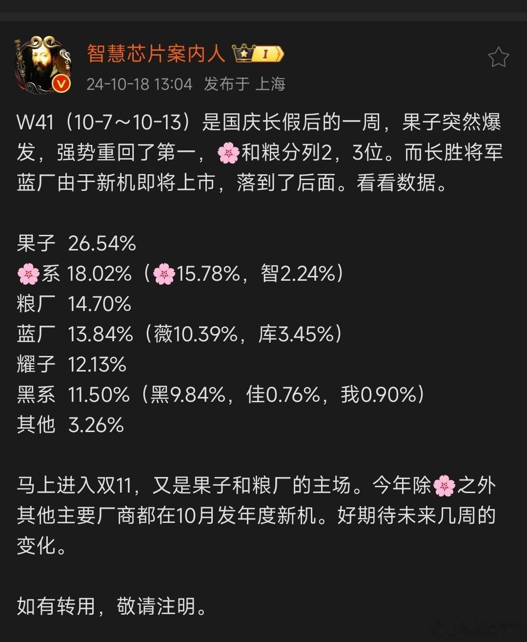 马上就双十一了，苹果有可能进一步拉开差距，华为、小米表现也不错，为什么黑厂最近持