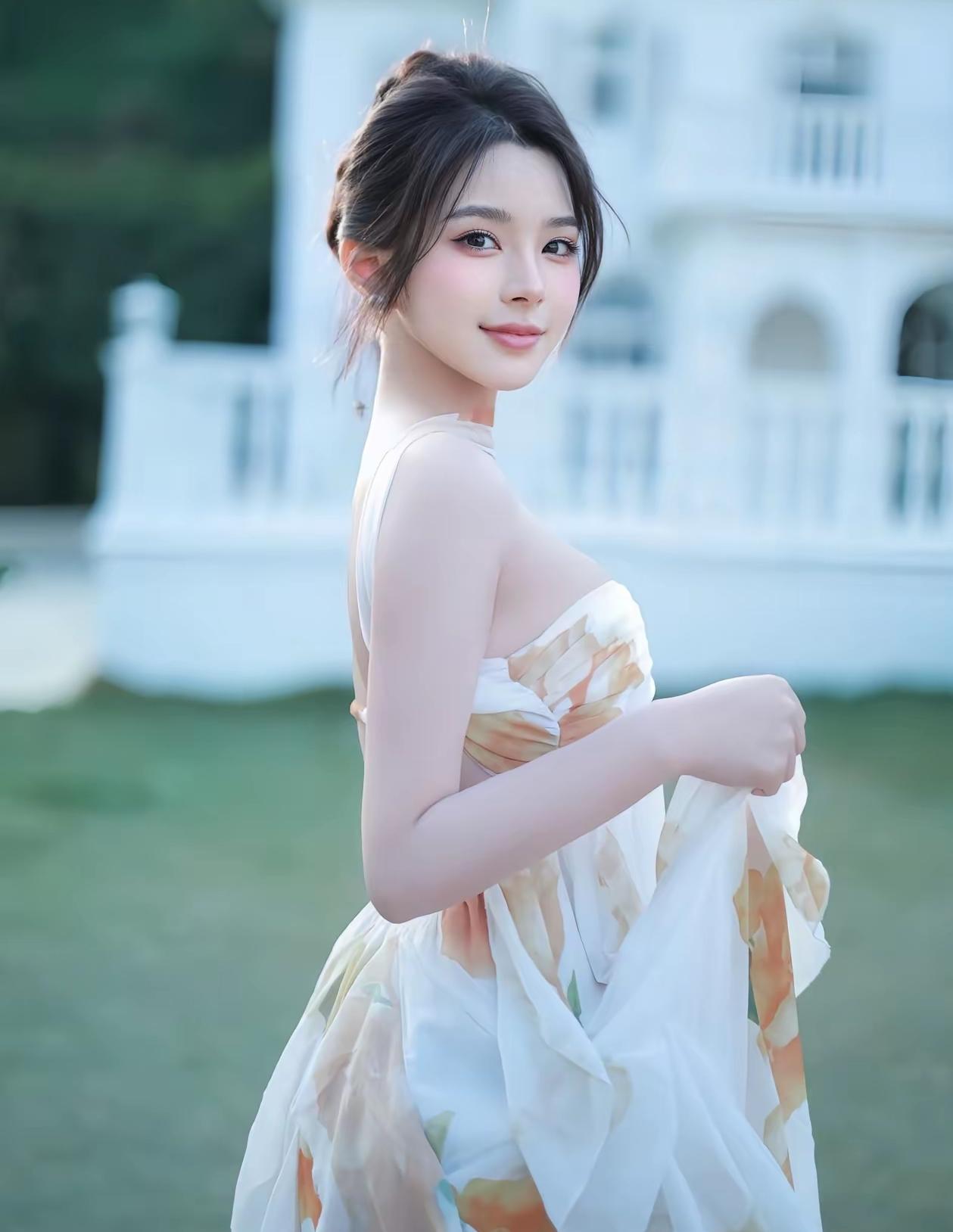 指尖不自觉绞着裙摆，她唇角微微上扬，眼底藏着细碎的欢喜。此时风又起，裙摆再一次飘