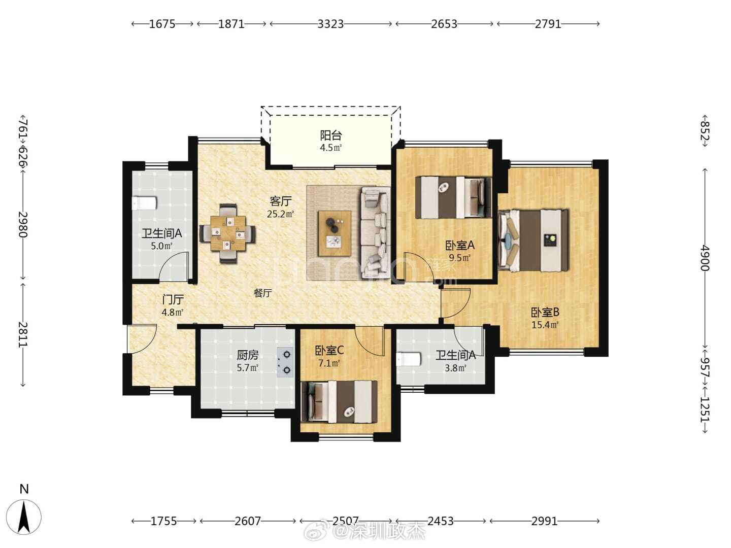 越秀潮樾府座　　落：1栋 1单元楼　　层：高楼层建筑面积：93.8㎡户　　型：3